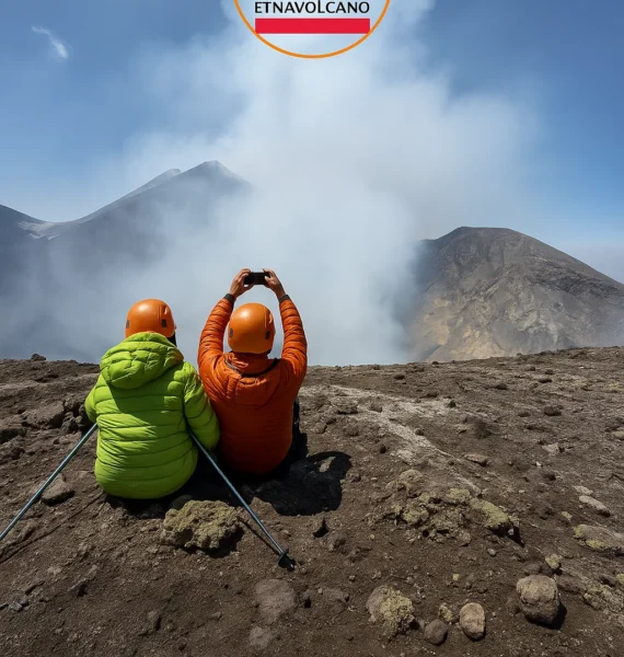 Due escursionisti osservano il cratere sommitale dell’Etna durante un’escursione con guide vulcanologiche - Etna Volcano