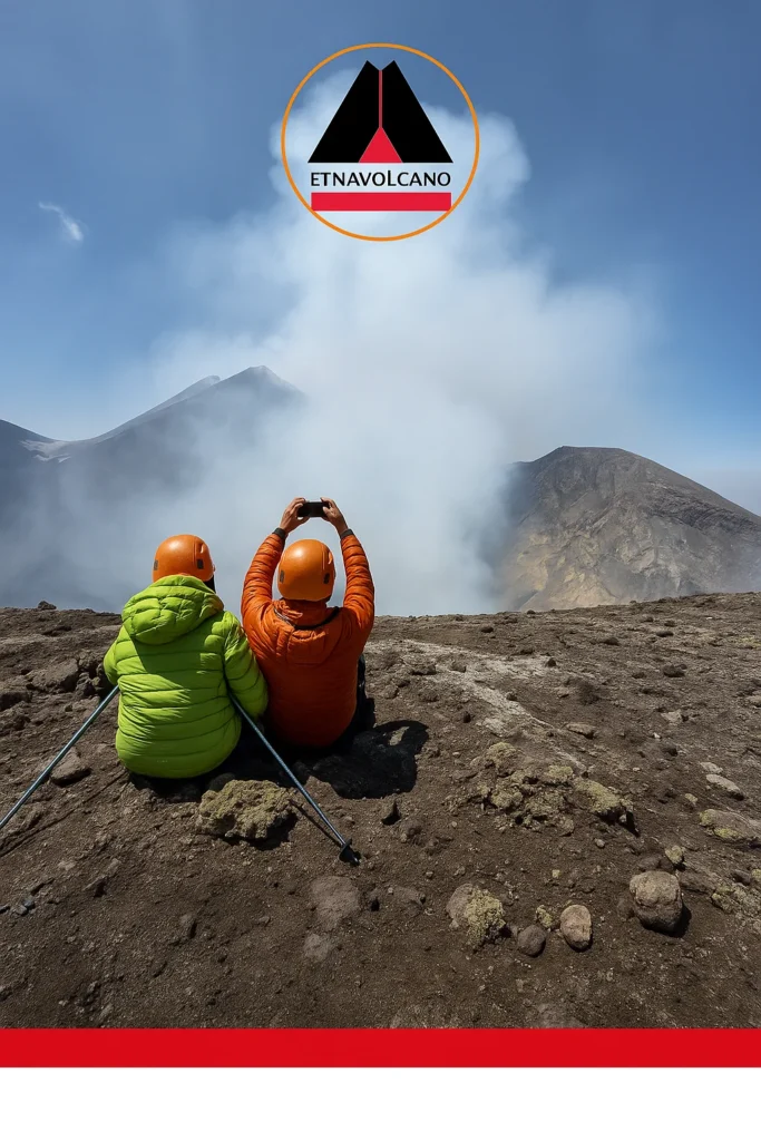 Due escursionisti osservano il cratere sommitale dell’Etna durante un’escursione con guide vulcanologiche - Etna Volcano